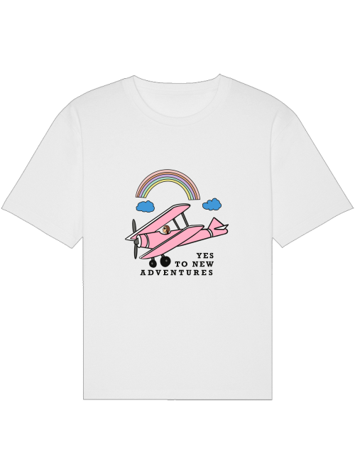 white Cotton tee, with printed pink cute motive,